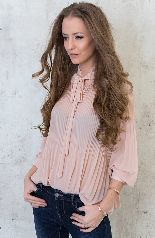 Plisse Bow Blouse Pink
